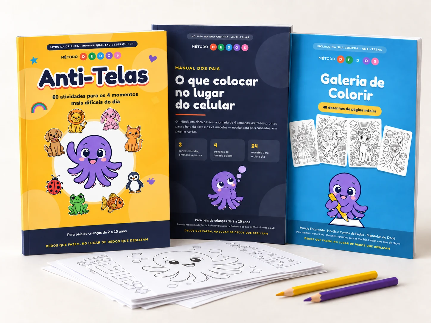 Coleção Anti-Telas com Livro da Criança, Manual dos Pais, Galeria de Colorir e folhas de atividades