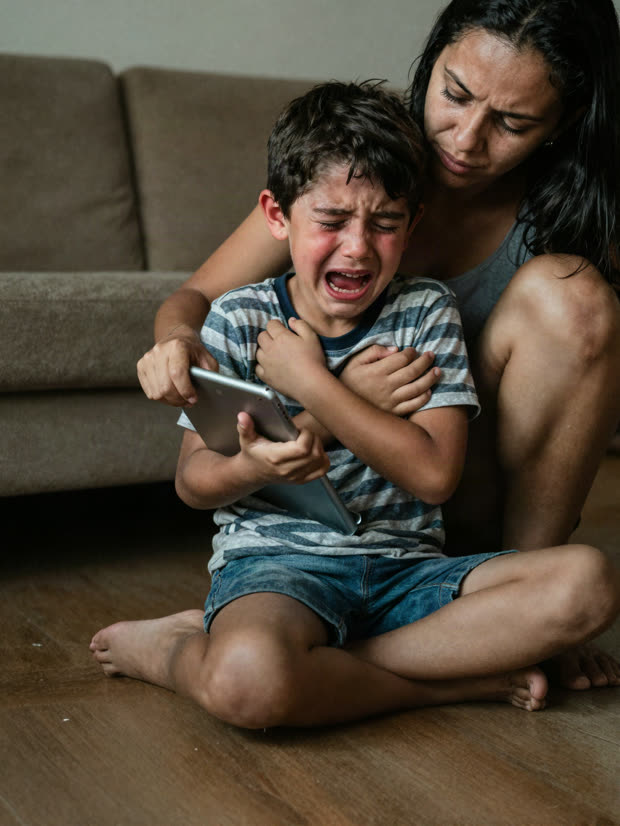 Criança chorando enquanto a mãe tenta tirar o tablet