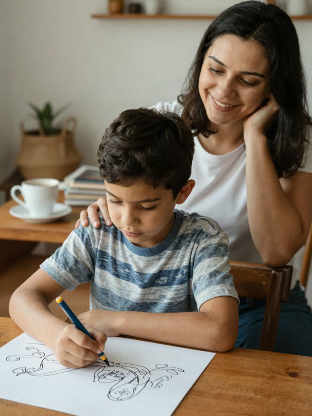 Criança concentrada desenhando em uma folha impressa, ao lado da mãe